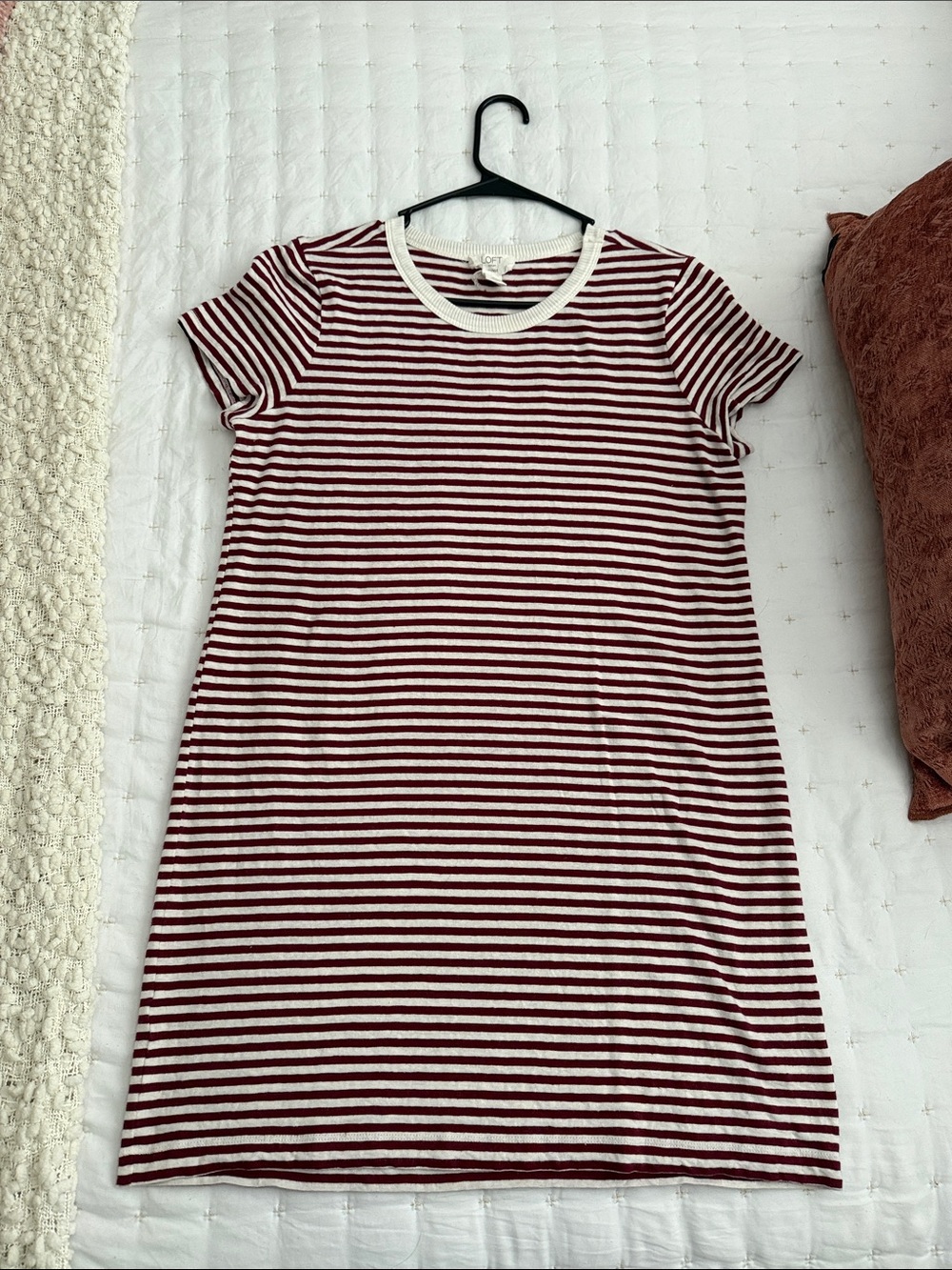 Striped Burgundy and Off White Short Sleeve TShirt Dress